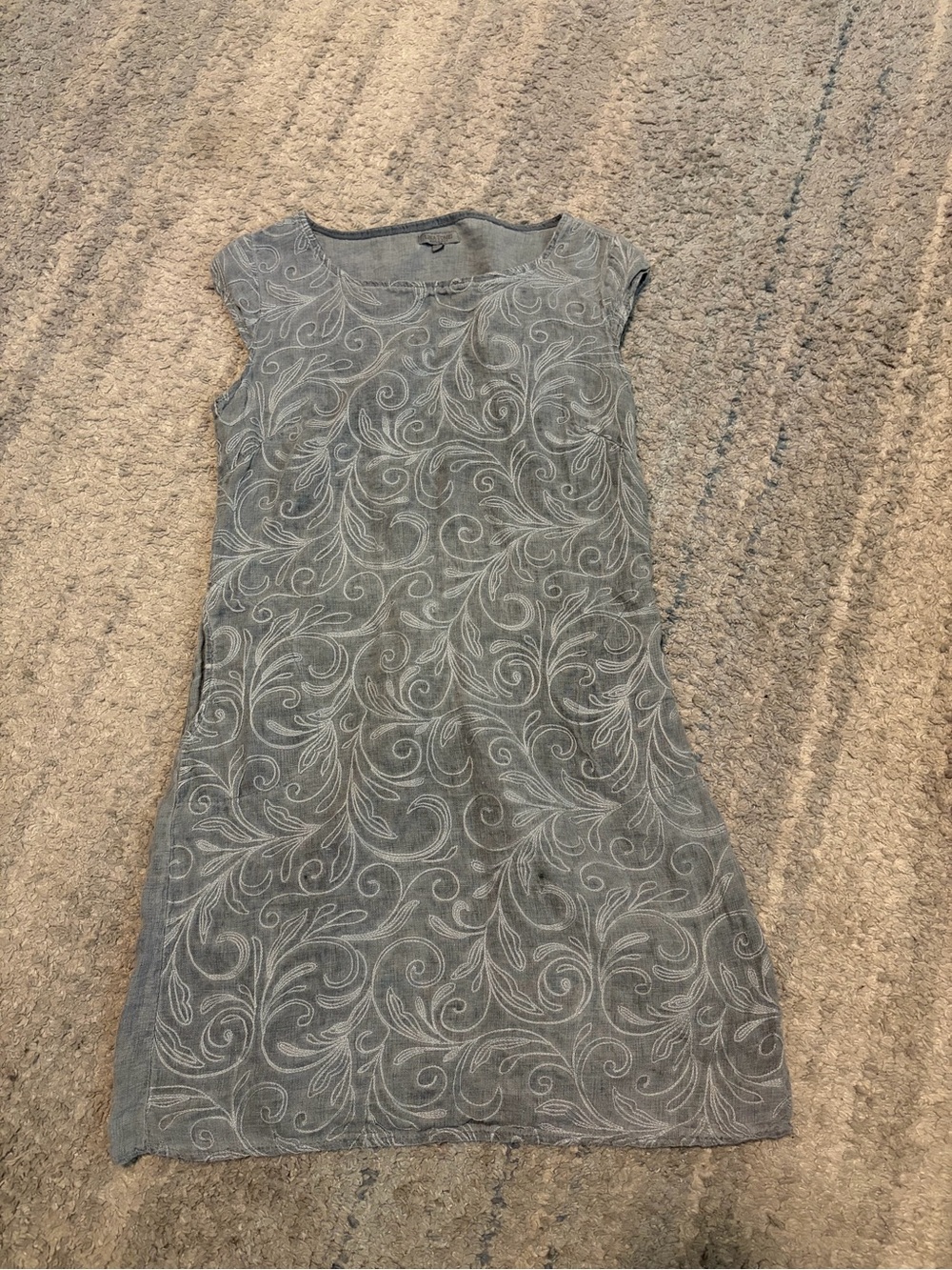 Lina Tomei Made In Italy Linen Embroidered Shift Dress Medium Gray Lagenlook Poc